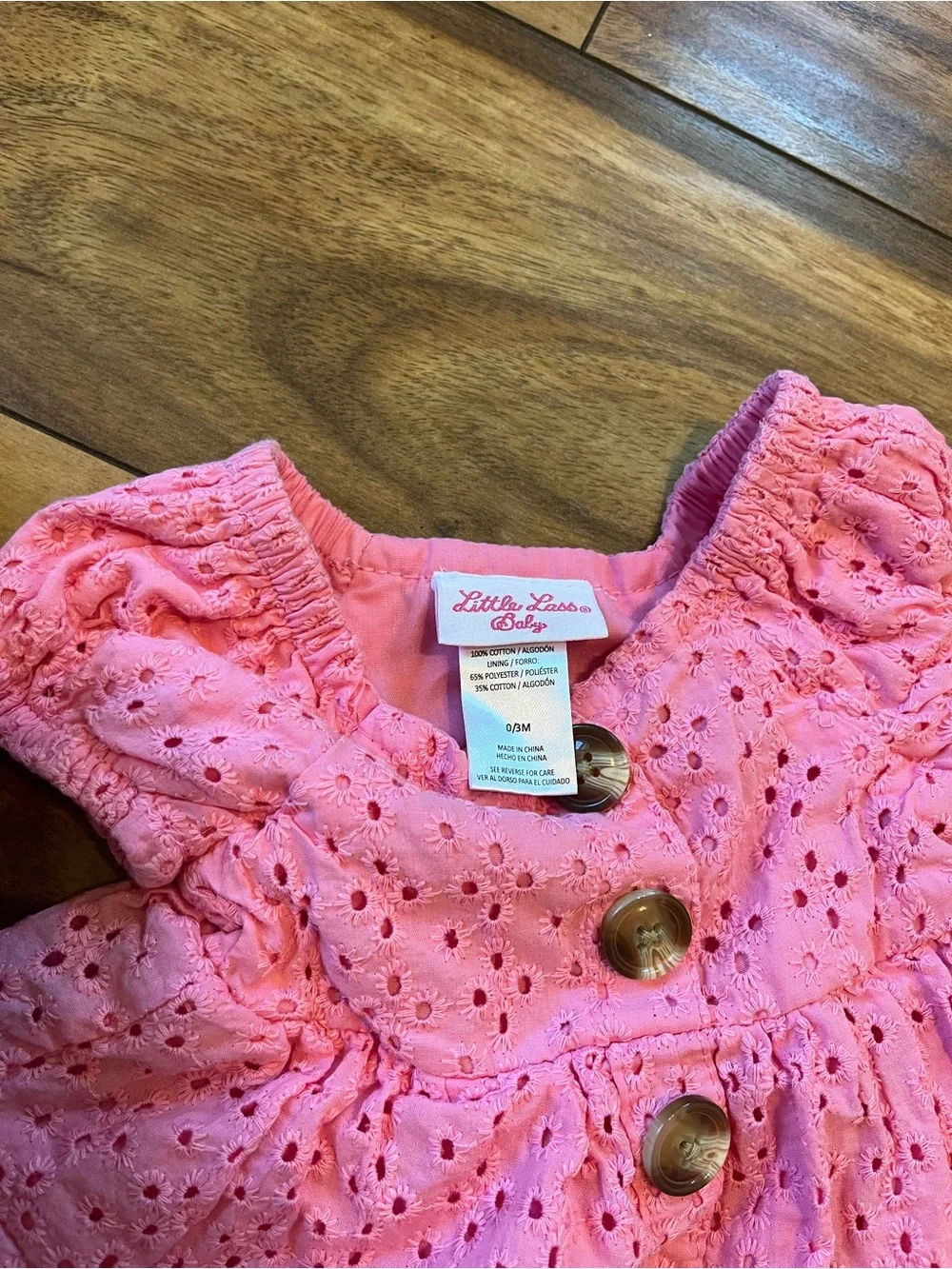 Baby girl 0-3mo Little Lass infant eyelet dress pink bubble sleeve buttons